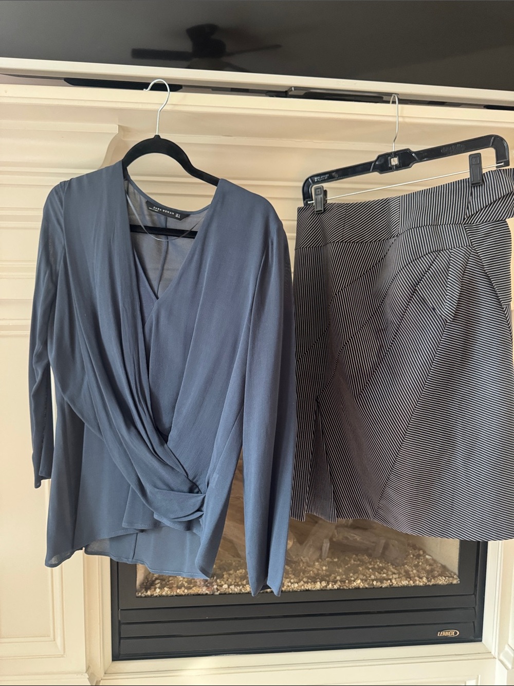 Zara Slate-Blue Draped Wrap Top and “Etcetera “ skirt set